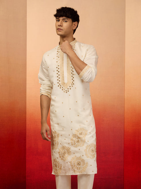 Men's Chiku Multi Embroidered Silk Kurta